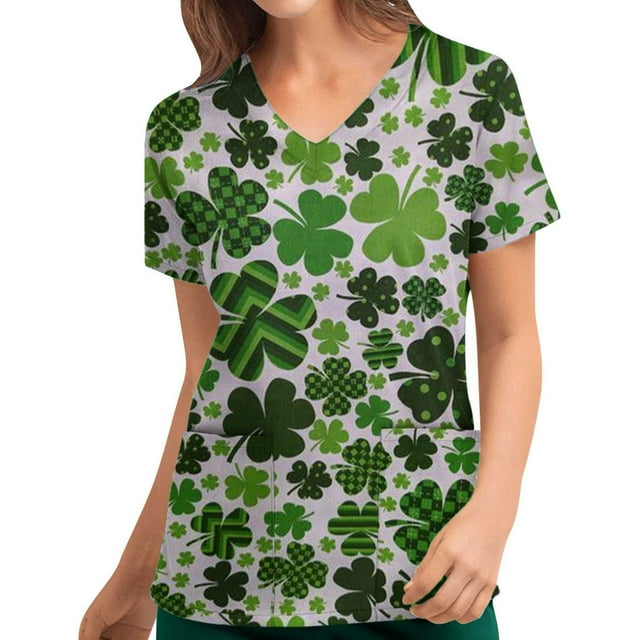 Pntutb moda mujer St. Patrick'S Day estampado manga corta cuello en V tops enfermería uniforme de trabajo Pntutb Pntutb-4515