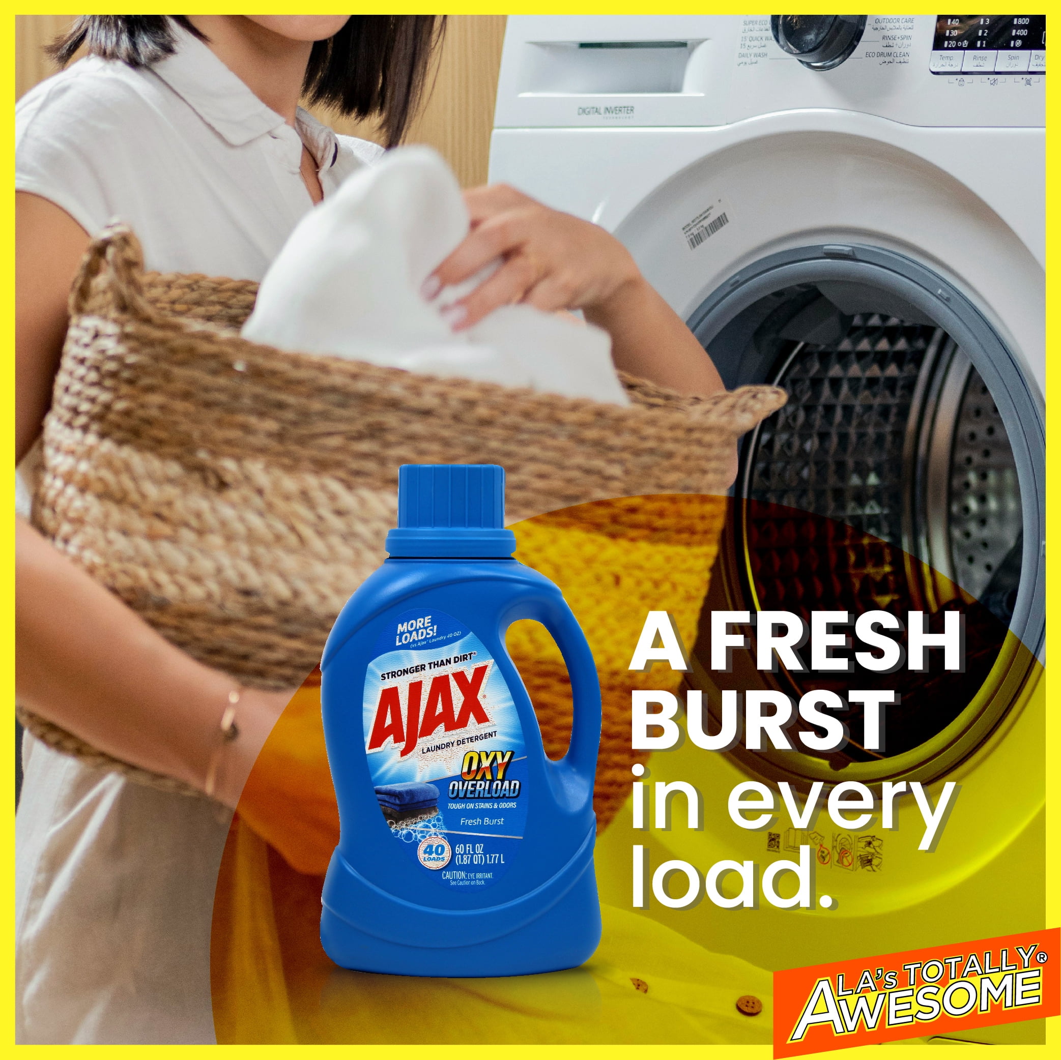 Ajax Oxy Overload Liquid Laundry Detergent, 60oz (Pack of 4) – Totally Awesome Cleaner with Deep Cleaning, Stain & Odor Removing power, HE Compatible, 160 Loads, Fresh Burst Scent