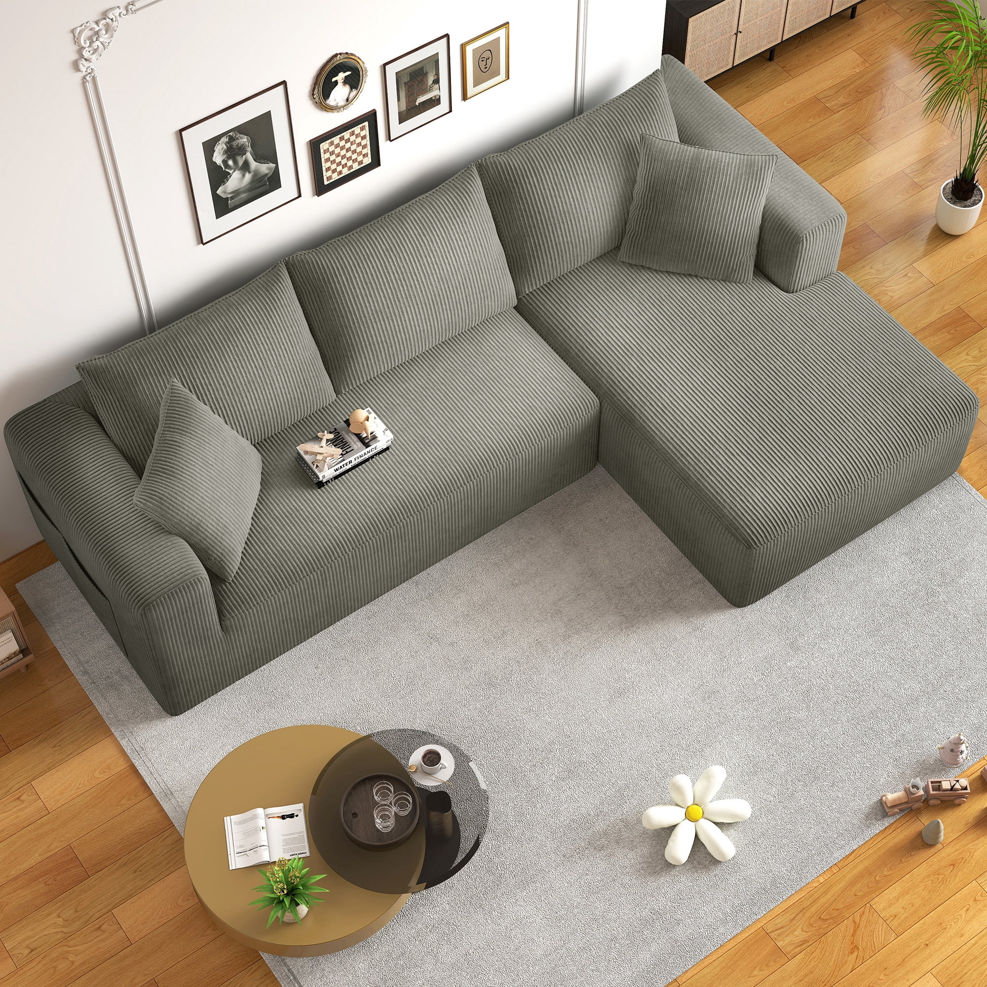 AENKYO 104 Modular L-Shaped Sectional Sofa with Chaise Lounge, Cloud Couch Deep Seat, Corduroy Upholstered Living Room Furniture, No Assembly Required, Gray