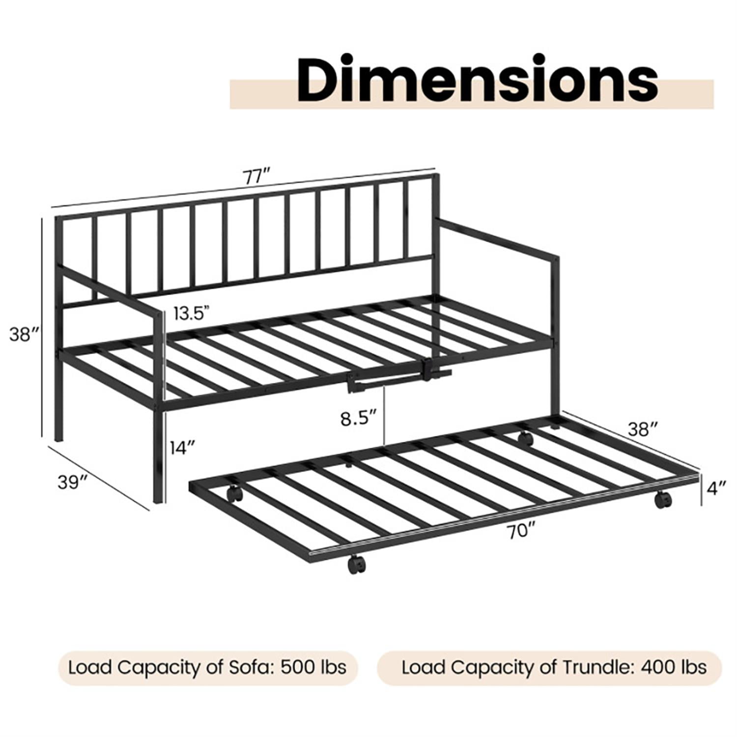 Demi Bonn Twin Size Daybed and Trundle Frame Set Trundle Bedframe, Modern Bed Frame for Teens, Black