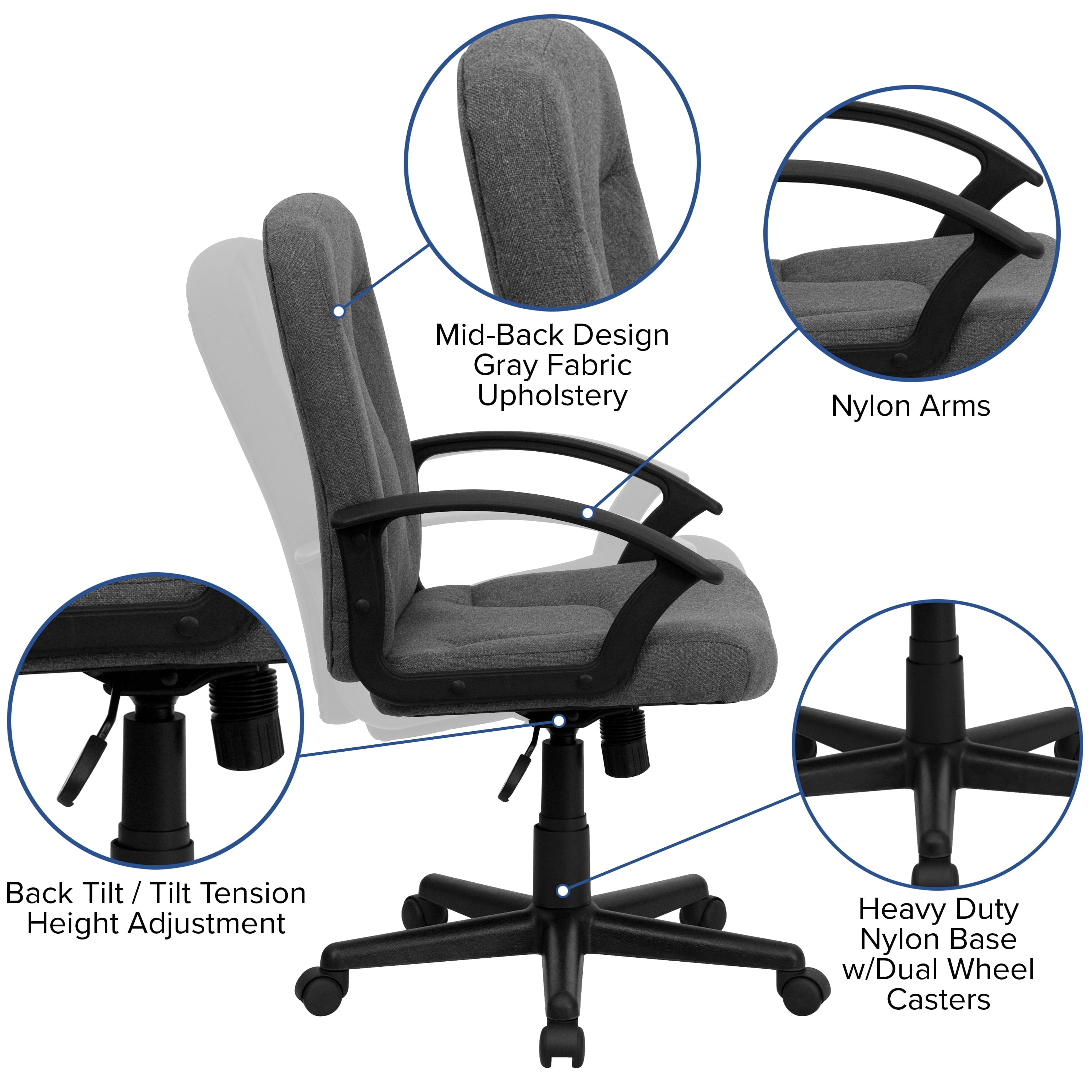 Flash Furniture Garver Mid Back Gray Fabric Executive Swivel Office Chair with Nylon Arms