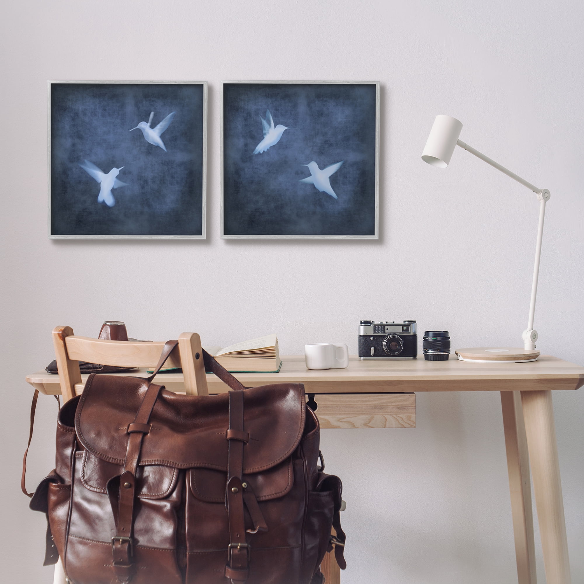 Stupell Modern Blue Birds Flying Silhouettes Animals & Insects Painting Gray Framed Art Print Wall Art, Set of 2