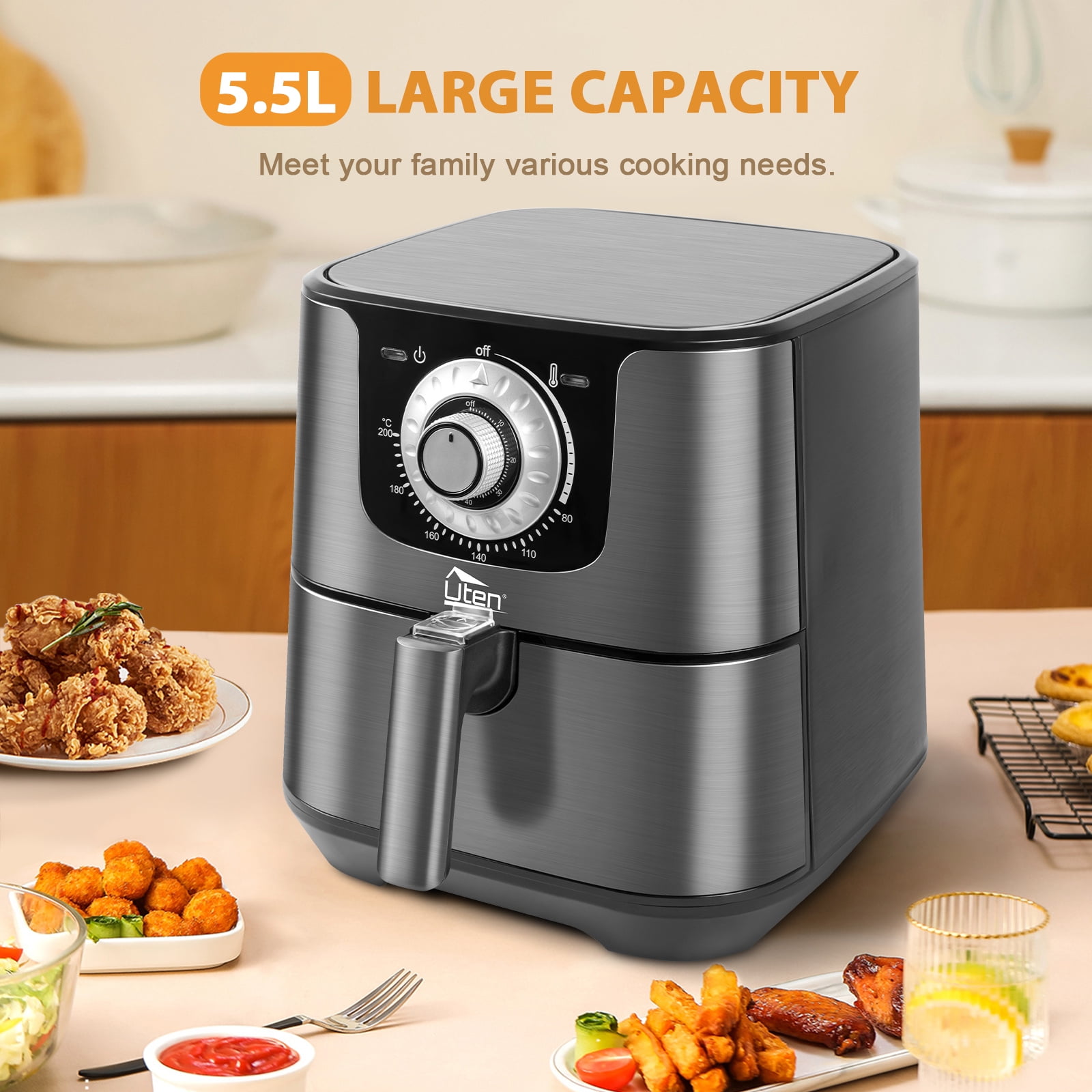 Uten 5.8 Qt Air Fryer Toaster Oven, 1700W 8-in-1 Digital Airfryer, Timer & Temperature Control, Nonstick Basket for Roasting, Baking, Reheating, Easy to Clean, Compact Design, Black