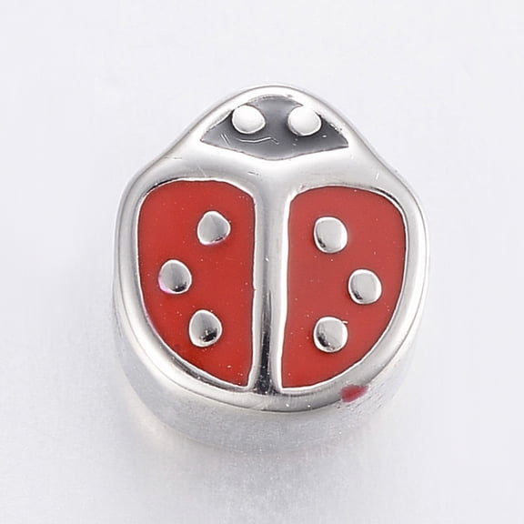 304 Stainless Steel European Enamel Beads Large Hole Beads Ladybird Red Stainless Steel color 11x10x8mm Hole: 5mm