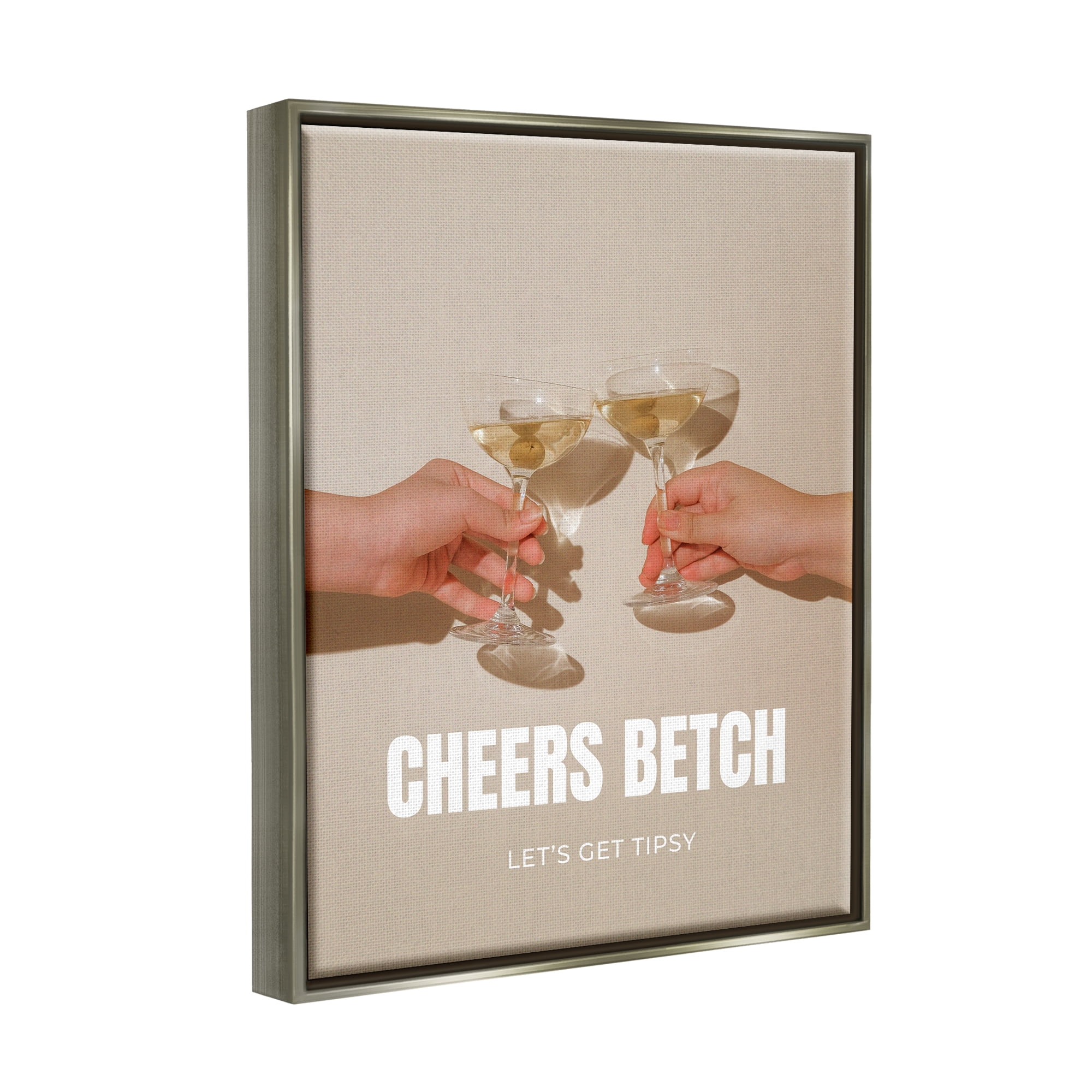 Stupell Industries Cheers Betch Wine Glasses Food & Beverage Painting Gray Floater Framed Canvas Art Print Wall Art, 17 x 21
