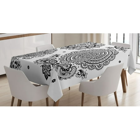 

Henna Tablecloth Set of South Asian Inspired Design Elements Floral and Geometric Style Ornamental Rectangular Table Cover for Dining Room Kitchen 60 X 84 Inches Black White by Ambesonne