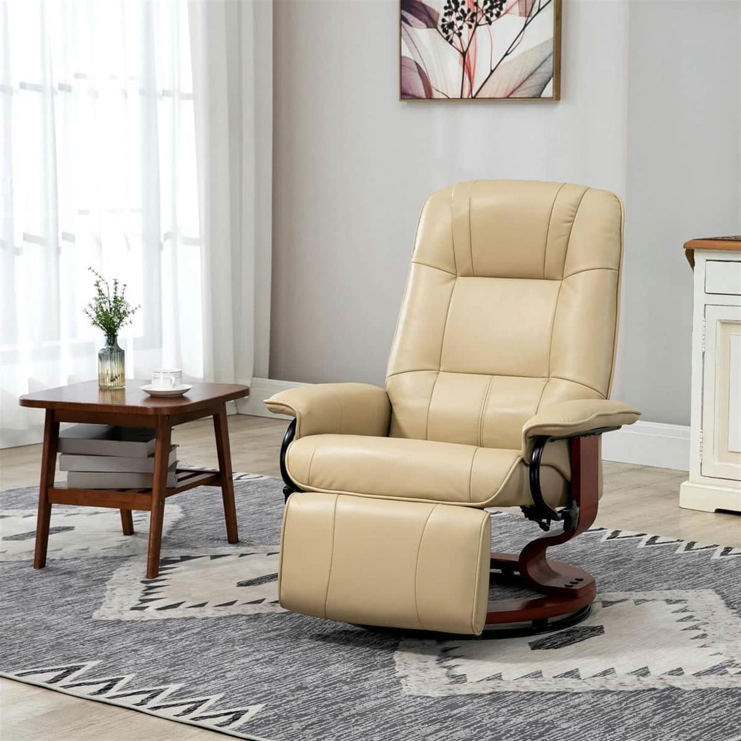 Demi Bonn 39" Faux Leather Swivel Recliner with Footrest, Armrest and Wooden Base for Living Room, Comfort High-Backed Sofa Chair, Beige