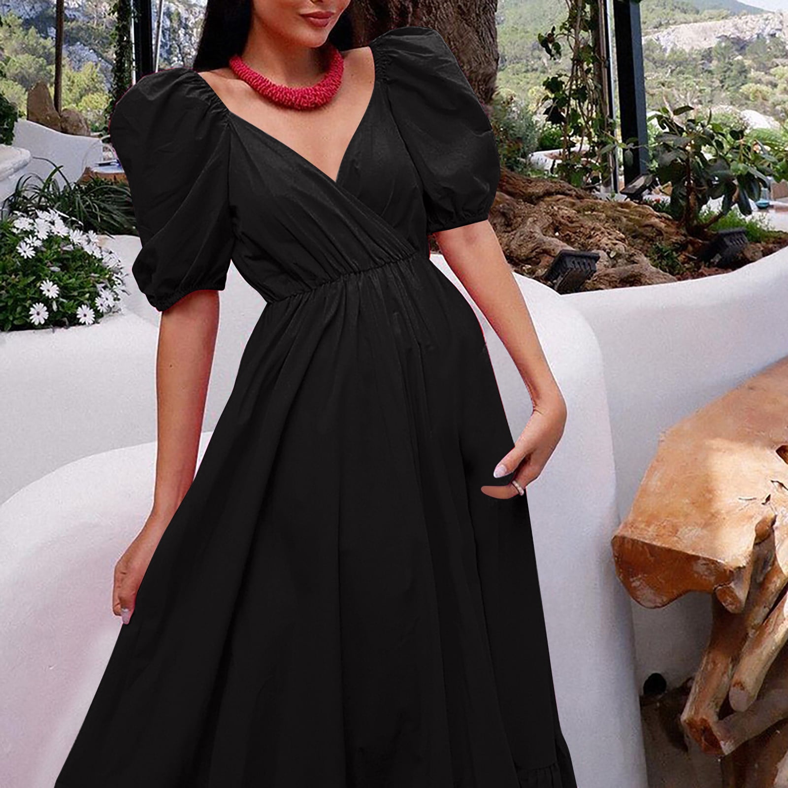 ZyeKqe Boho Dresses for Women 2024 Puff Short Sleeve Warp V