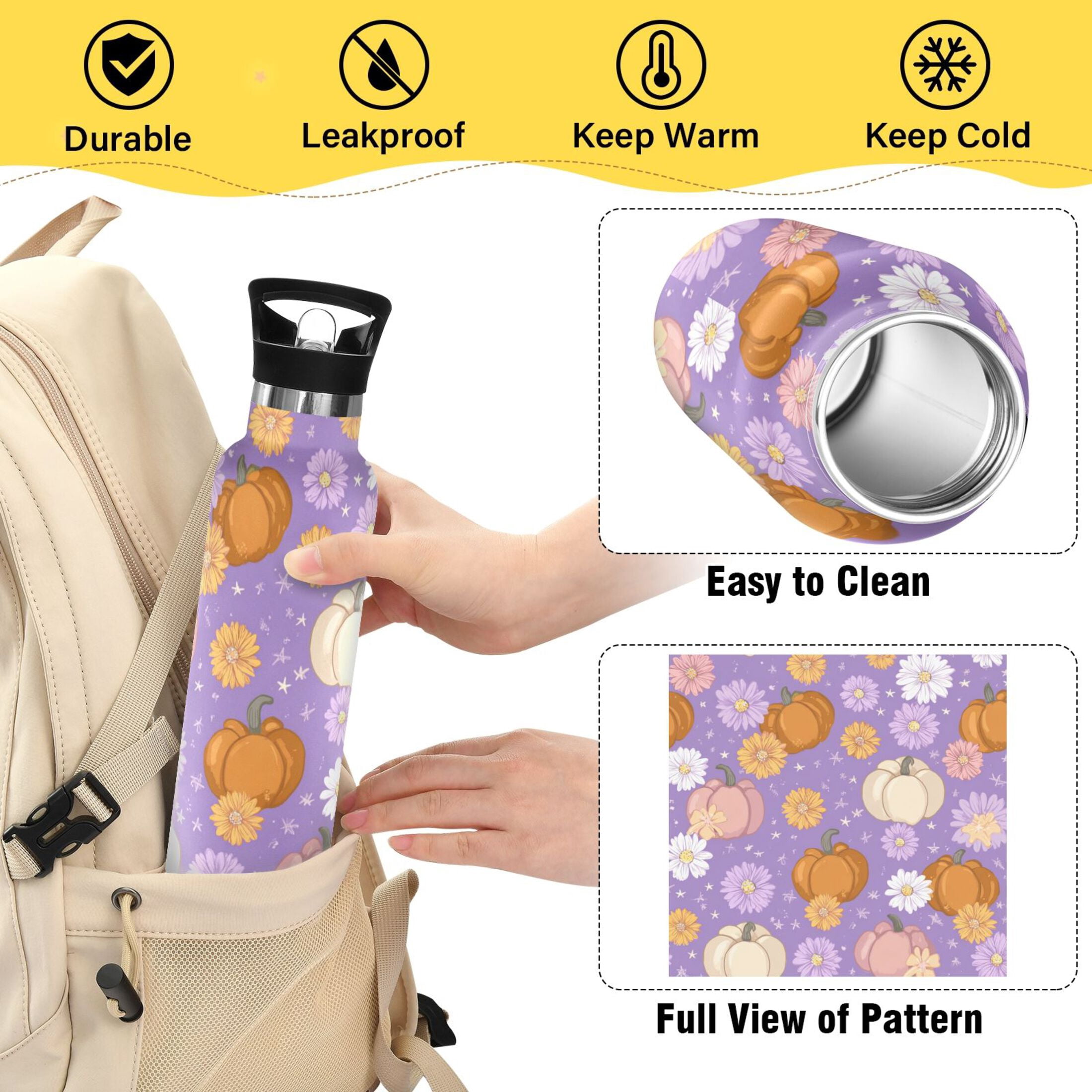 Kids Insulated Stainless Steel Sports Water Bottle 600ml (20oz) Pumpkins and Daisies