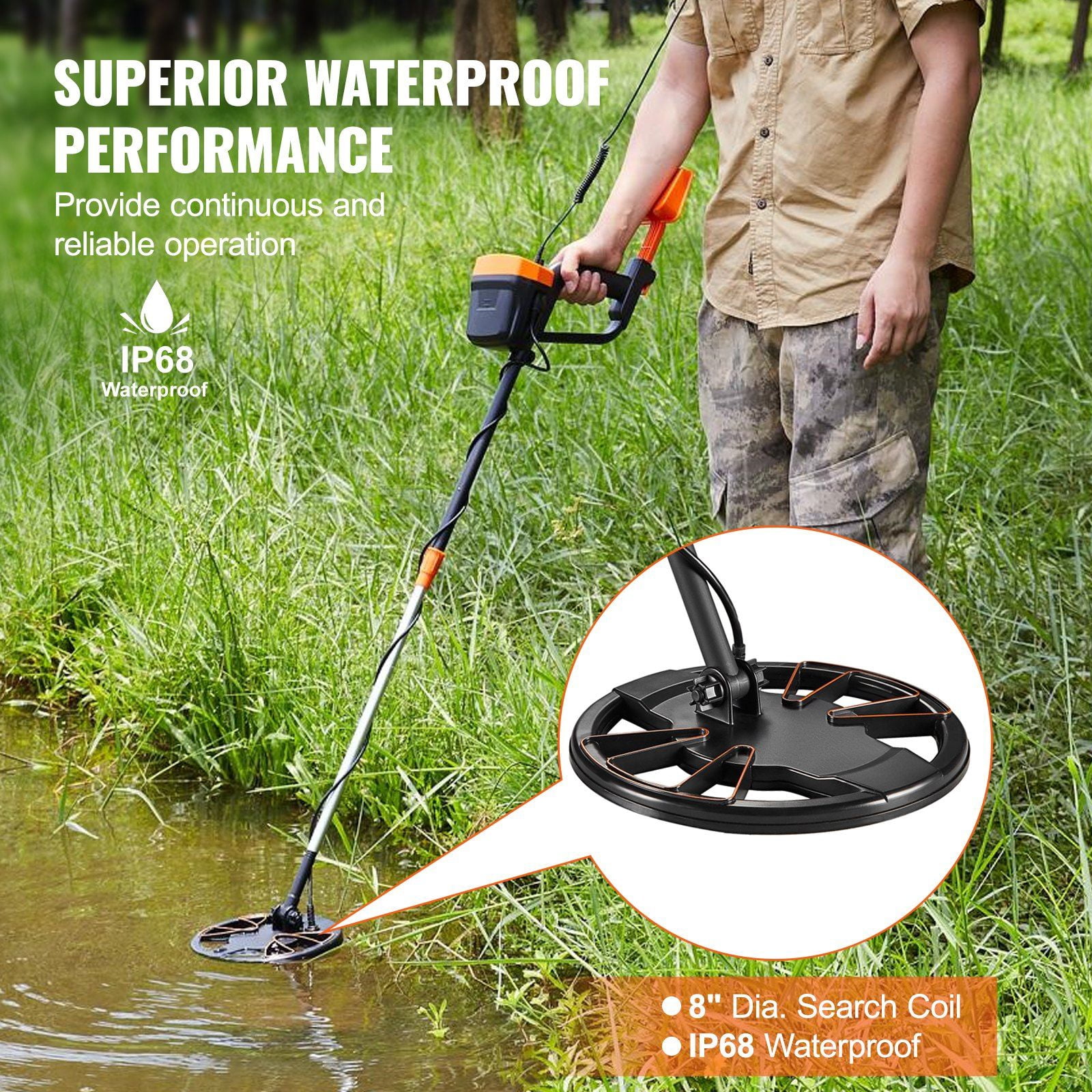 Metal Detector for Adults and Kids 8 Inch Waterproof Search Coil High Accuracy Pointer Display Adjustable 38 to 49 Inches Lightweight Aluminum Stem Gold Treasure Detector