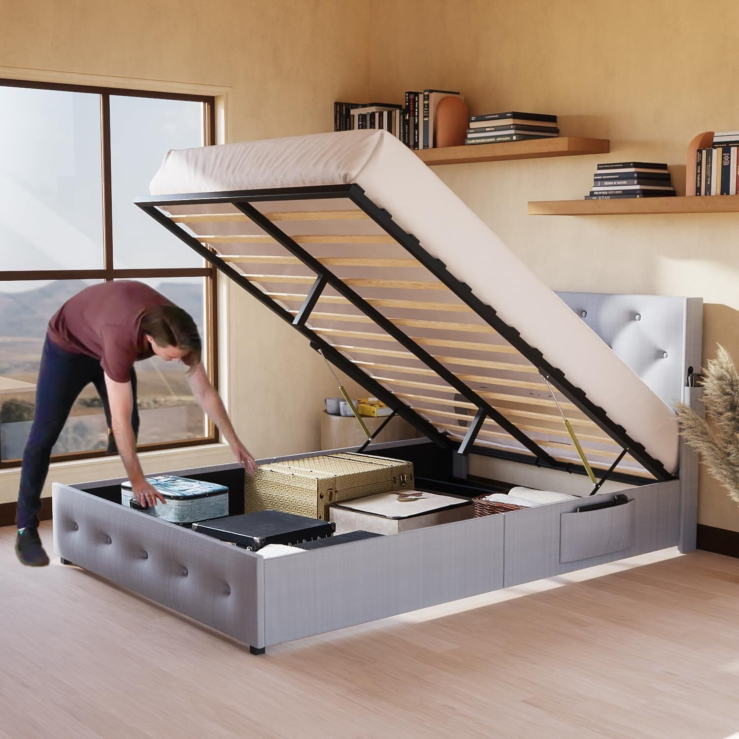 Euroco Full Size Platfrom Bed with Lift Up Storage and Wingback Headboard, USP Ports, Light Grey