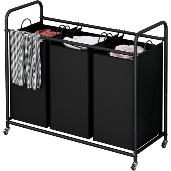 SUOERNUO 3-Bag Laundry Sorter Cart with Wheels – Heavy Duty Rolling Hamper with Removable Bags for Laundry Room Organization (Black)
