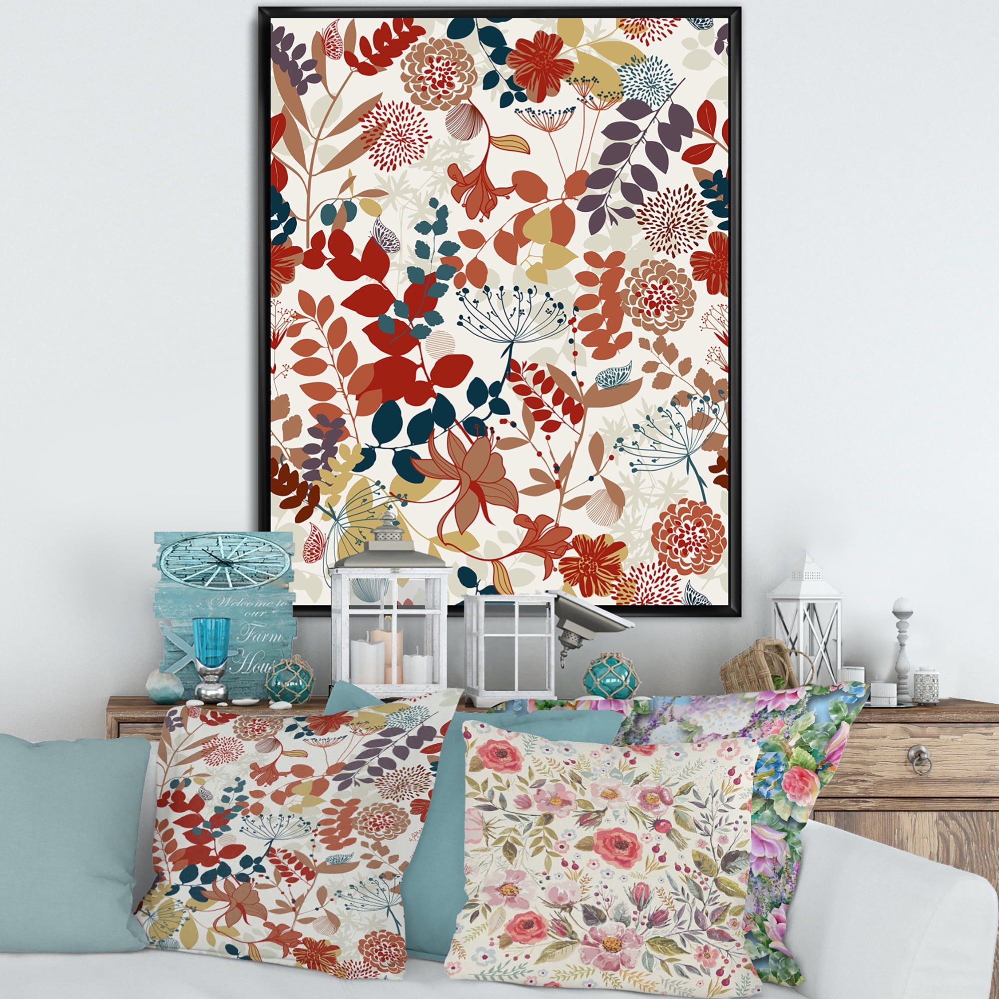 Designart 'Botanical Retro Garden' Bohemian & Eclectic Framed Canvas Wall Art Print