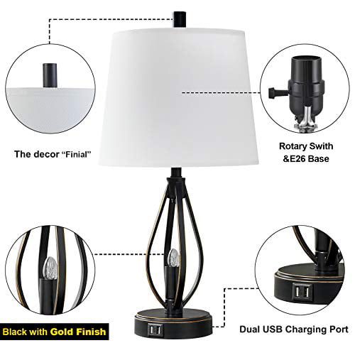Modern Farmhouse Table Lamp Sets of 2 with 2 USB Ports Pulg in