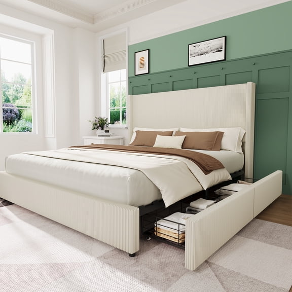 Queen/King Size Bed Frame with Storage Drawers, Corduroy Upholstered Platform Bed with Wingback and Tufted Headboard, Corduroy Wingback,No Box Spring Needed