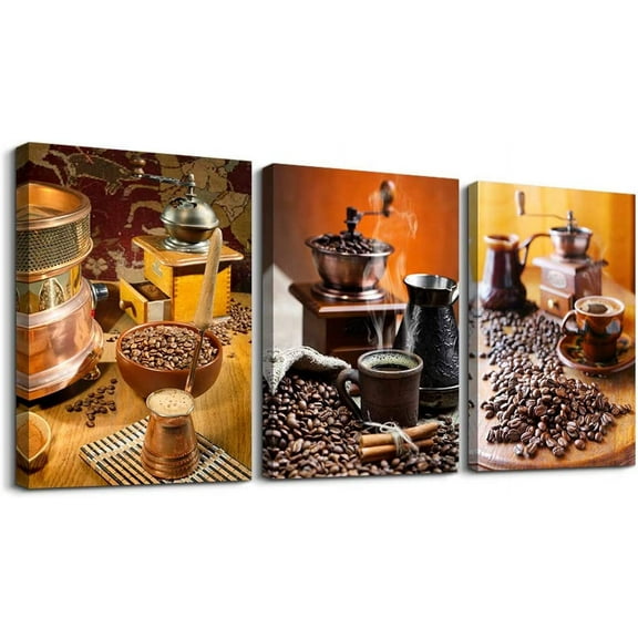 Kitchen Canvas Art Warm Coffee Prints Wall Art Coffee Bean Cup Pictures Paintings for Dining Room Kitchen Bar Home Decorations 3Panels Large Modern Stretched and Framed Contemporary Food Artwork decor