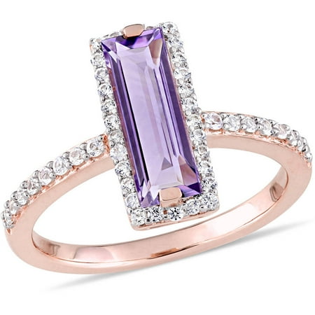 Tangelo 1-7/8 Carat T.G.W. African Amethyst and White Sapphire Rose Rhodium-Plated Sterling Silver Baguette Ring