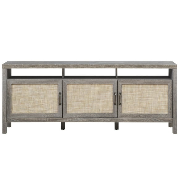 Patiojoy Universal TV Stand Cabinet Television Media Console with 3 Rattan Doors Grey Oak
