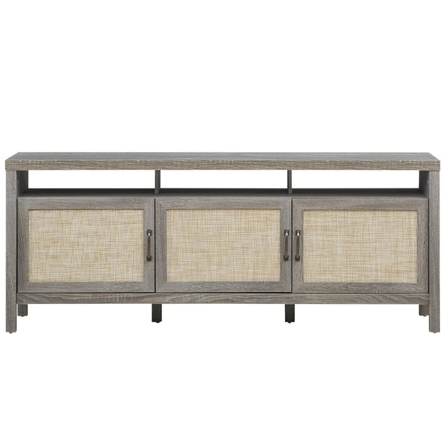 Patiojoy Universal TV Stand Cabinet Television Media Console with 3 Rattan Doors Grey Oak