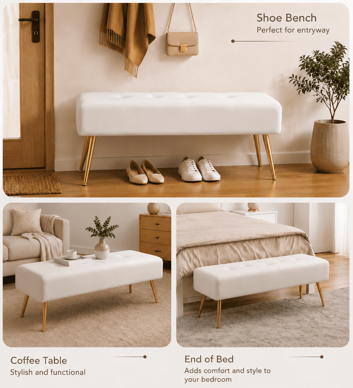 Modern Upholstered Bedroom Bench, 44.75" Tufted Ottoman Bench with Gold Metal Legs, End of Bed Bench, Entryway Shoe Bench, Narrow Space Accent Seating, 285 lbs Capacity,PU,White