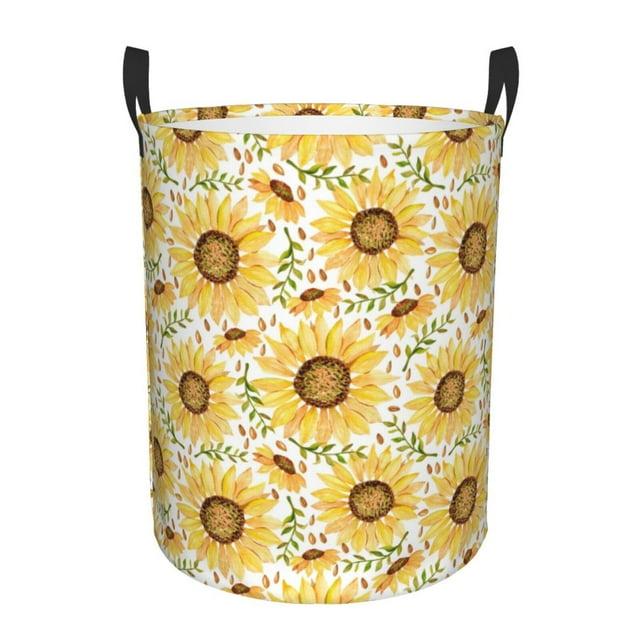 Balery Watercolor With Sunflowers Cesta de ropa redonda con asas, impermeable, independiente, para ropa, juguetes, dormitorio y familia-Medium