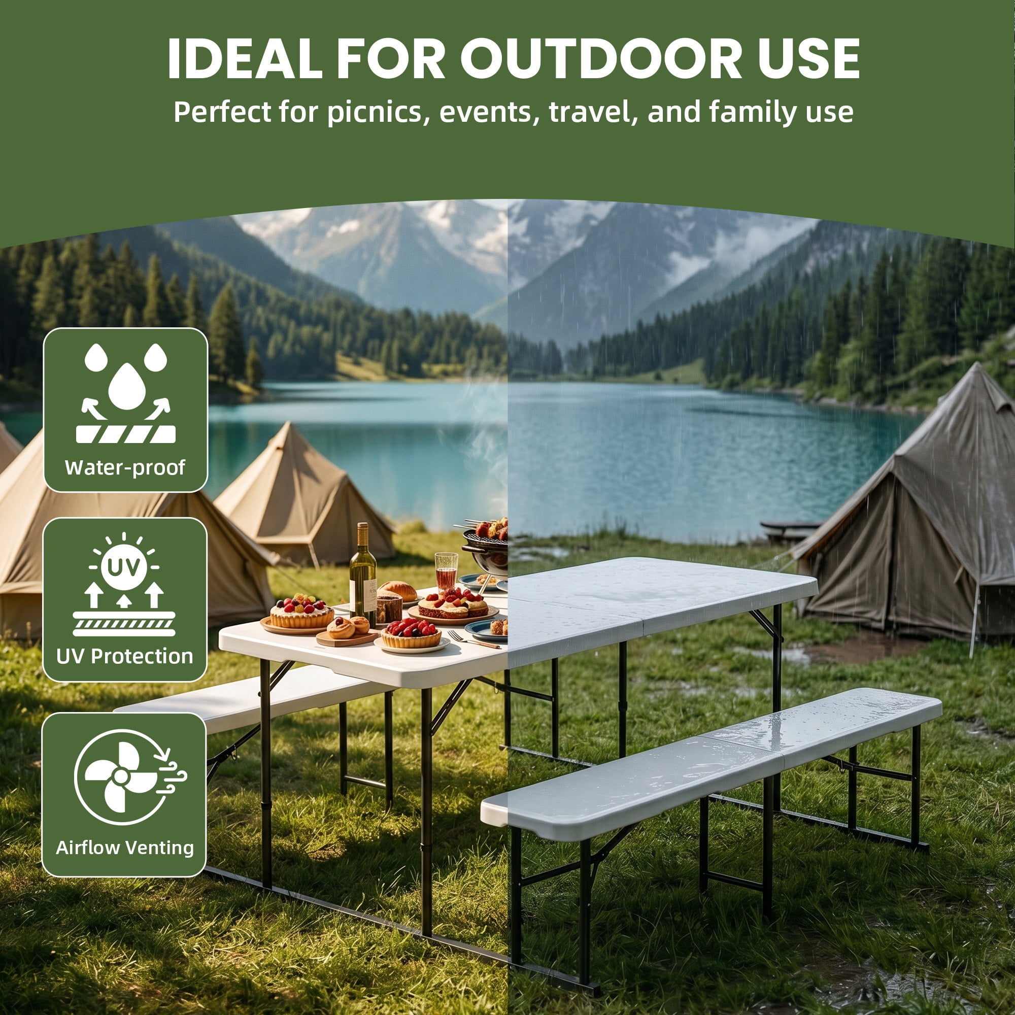 Uforic 4.5' Folding Picnic Table with Benches, HDPE Top & Iron Frame, Portable for Camping Backyard White