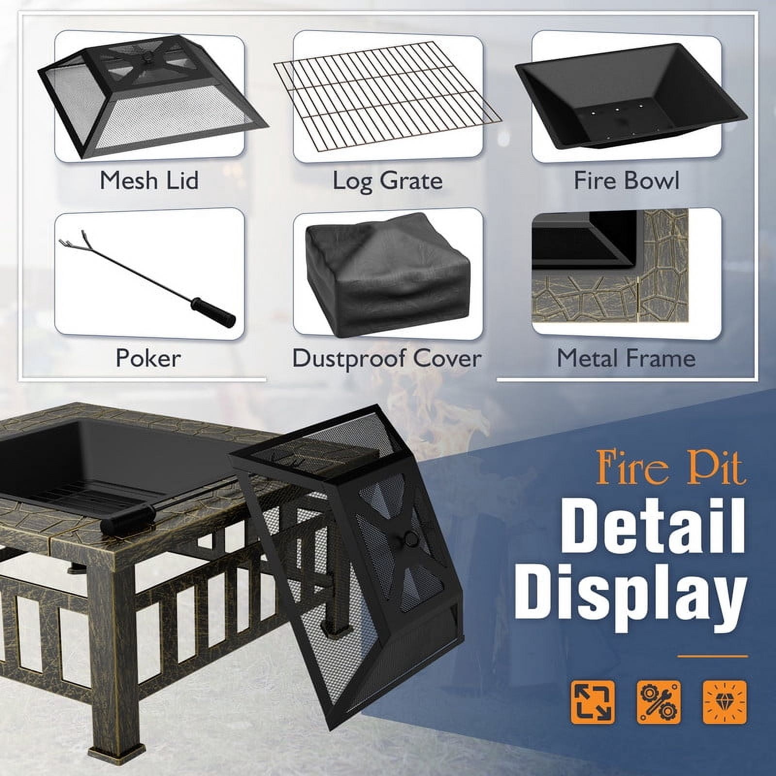 Devoko Outdoor 32" Square Metal Fire Pit with Cover and Poker, Gold