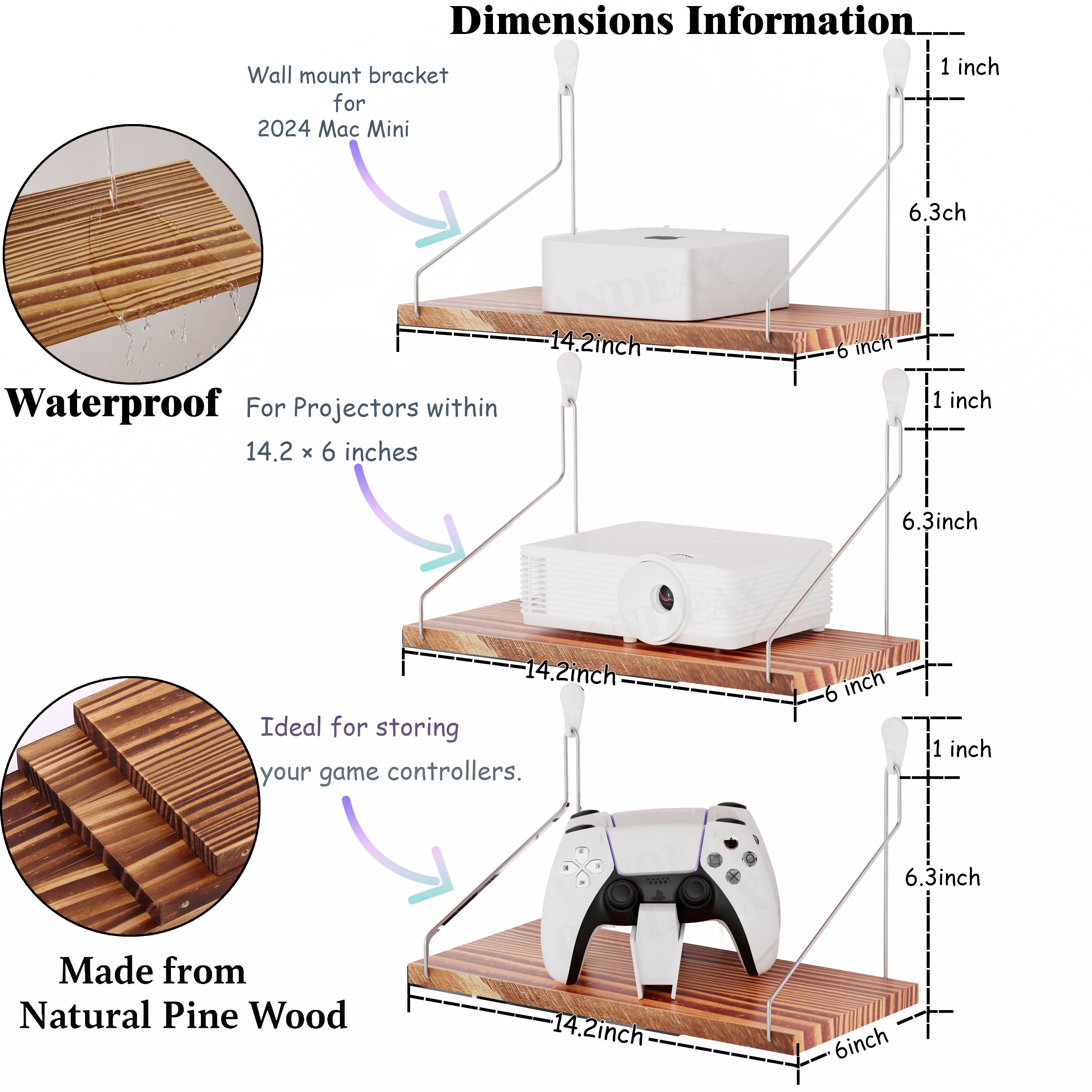 Floating Shelves for Wall Decor 14"x6" 3-Tier, No-Drill Natural Pine Wood Shelf for Projector Mount , Router, Modem, Cable Box,Xbox,mac-mini2024,Switch,Game Controller, for Living Room,Bedroom,Office