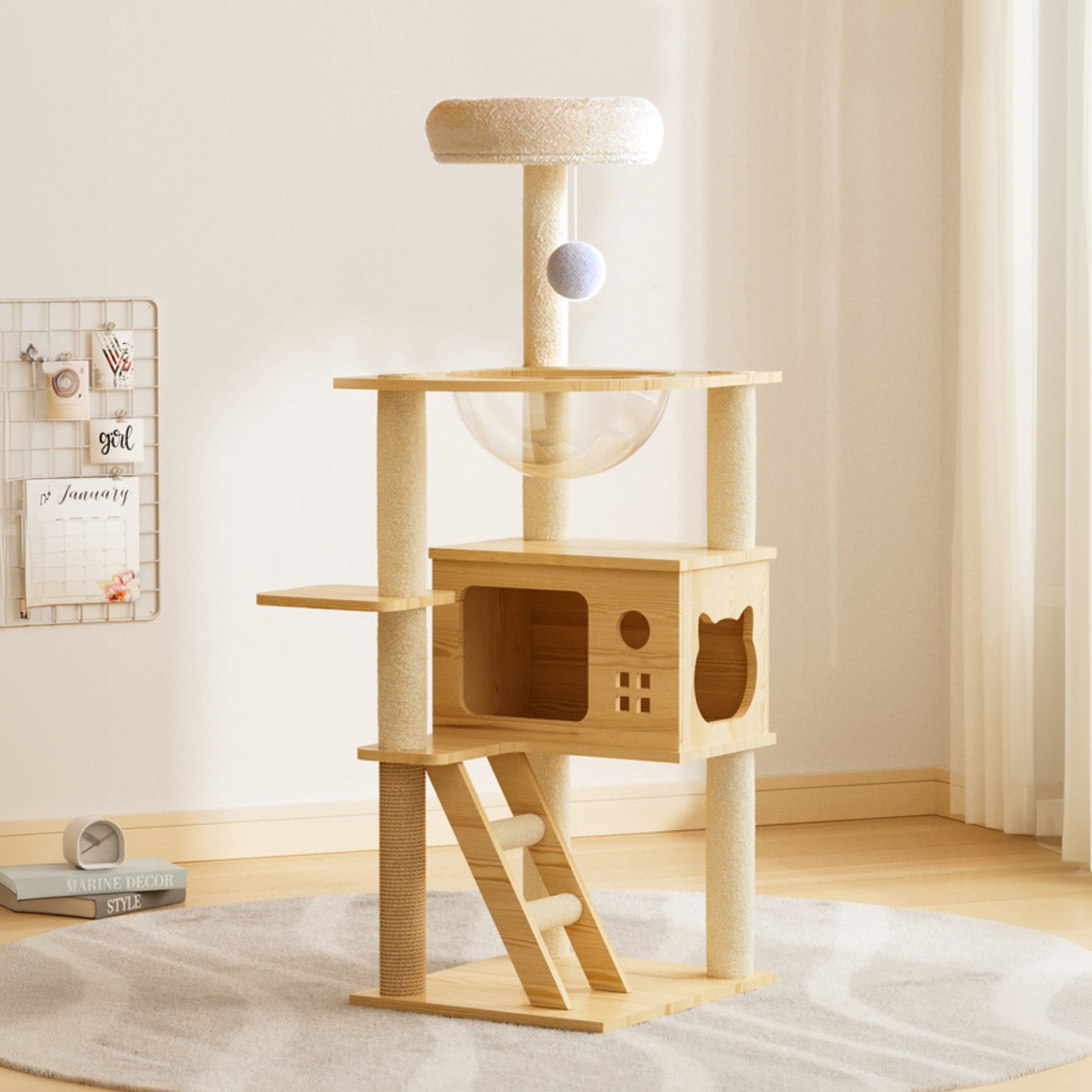 48.8" Modern Cat Tower, Wood Cat Tree Tower for Indoor Cats, Cat Scratching Posts and Top Perch, Cat Condo with Hammock for Small Large Cats