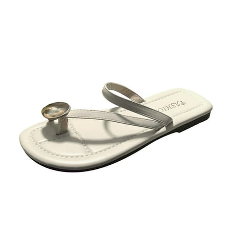OJSFQUFP Women Shoes Casual Ladies Fashion Summer Solid Leather Metal Buckle Decorative Toe Flat Bottom Sandals Gifts for Women Over 60 White 38