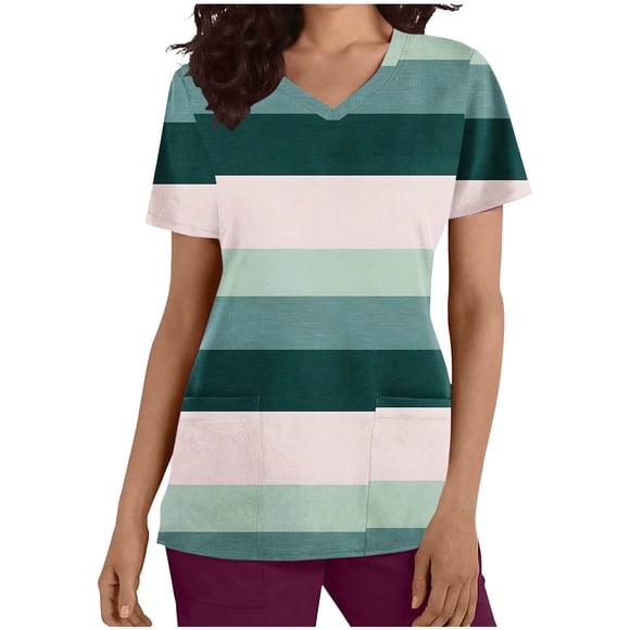 Cameland Hauts de Sarrau d'Infirmière pour Femmes à Rayures Uniforme de Travail Manches Courtes Col en V Blouse T-shirt de Travail avec Poches