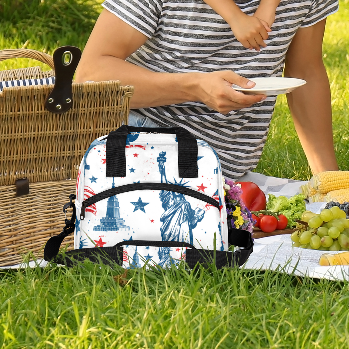 Herdesigns American Flag Insulated Lunch Bag for Women Men Adults Large Reusable Lunch Box Statue of Liberty Leakproof Cooler Tote Bags with Adjustable Shoulder Strap