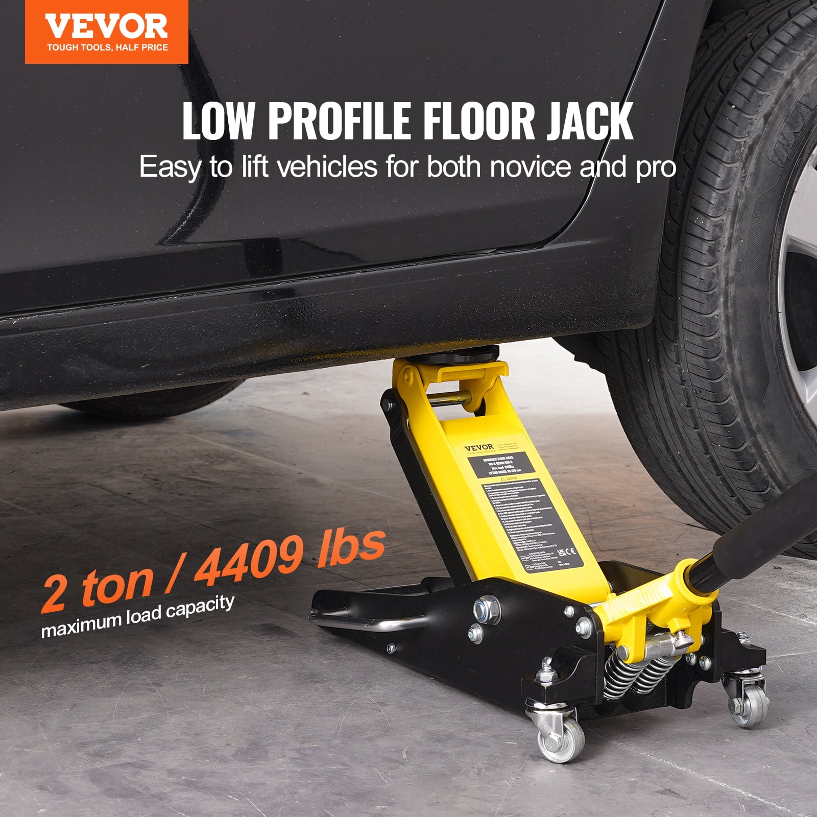 VEVOR Low Profile Floor Jack 2 Ton (4400 lbs) , Heavy Duty Aluminum Hydraulic Racing Floor Jack, Hydraulic Car Jack, Dual Piston Quick Lift Pump, 3.2"-14.6" Height Lifting Range (Yellow)
