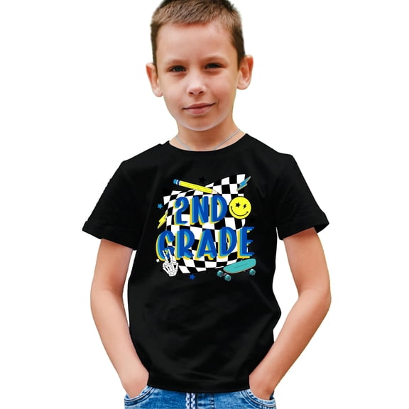 Retro 2nd Grade Shirt for Boys First Day of School Skateboard T-Shirt for Kids Black Shirt 5-6