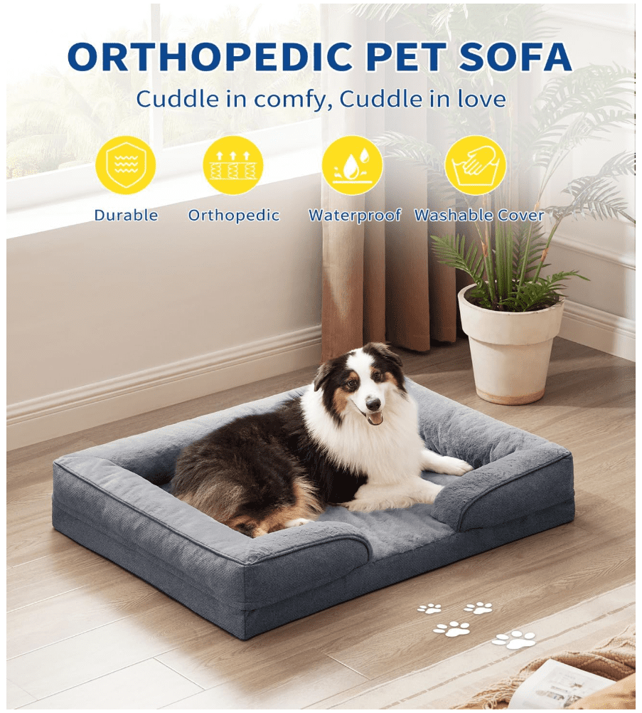 Large Dog Bed, Orthopedic Extra Large Dog Sofa Egg-Crate Foam 42" Pet Couch Bed with Washable Waterproof Cover,Gray