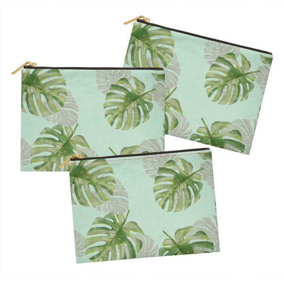 S4Sassy Green Monstera Leaves 3 Pc Printed Multipurpose Zipper Make Up Pouch Toiletry Bag Organizer-6 x 8 Inches