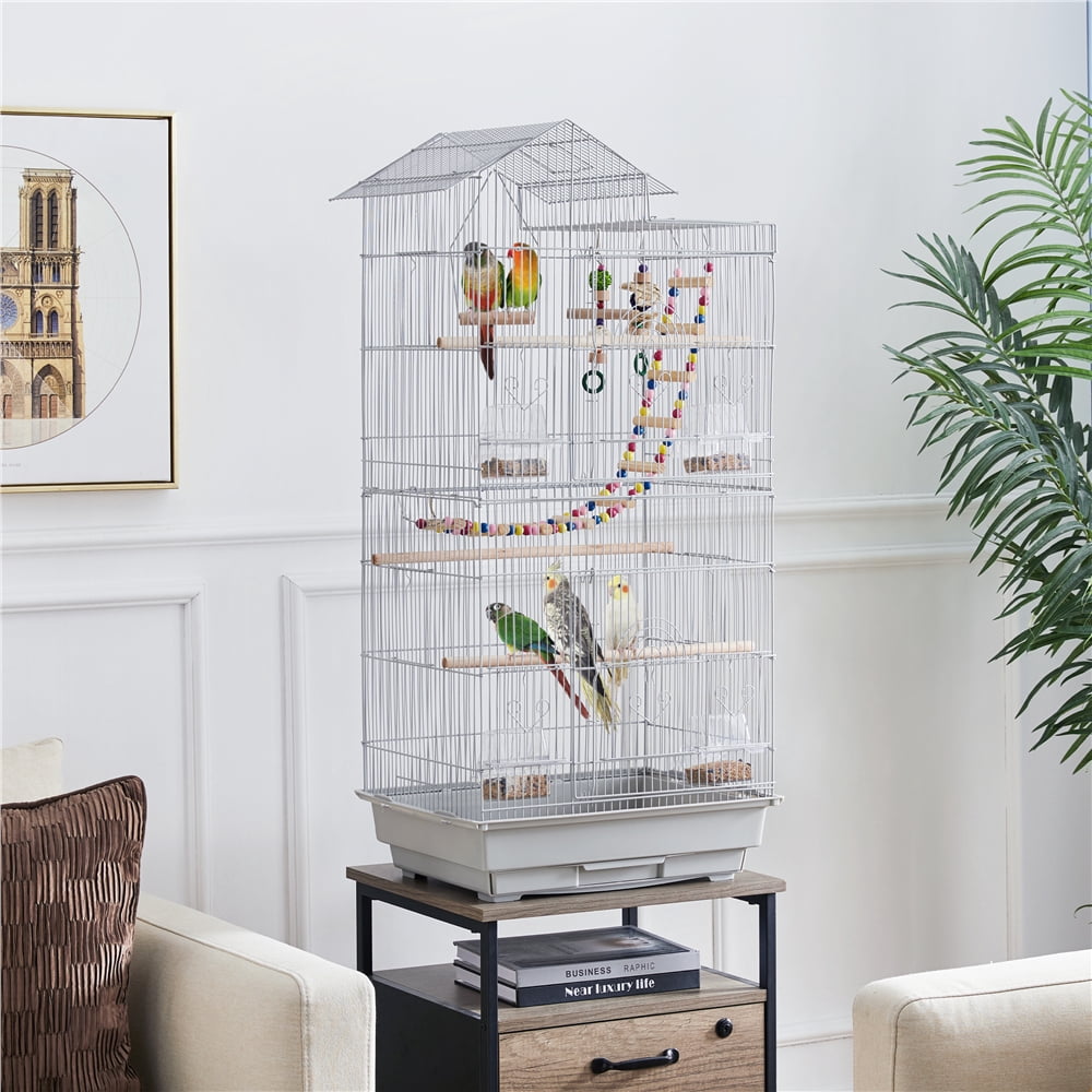Alden Design 39"H Metal Large Roof Top Parrot Cage with Perches and Toys, Light Gray