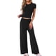 thumbnail image 1 of Conjuntos de pijama para mujer INSPIRE CHIC, camiseta de manga corta de punto, pantalones anchos de pierna larga con volantes, atuendos de 2 piezas, conjuntos de lounge PJ XL negro, 1 of 6