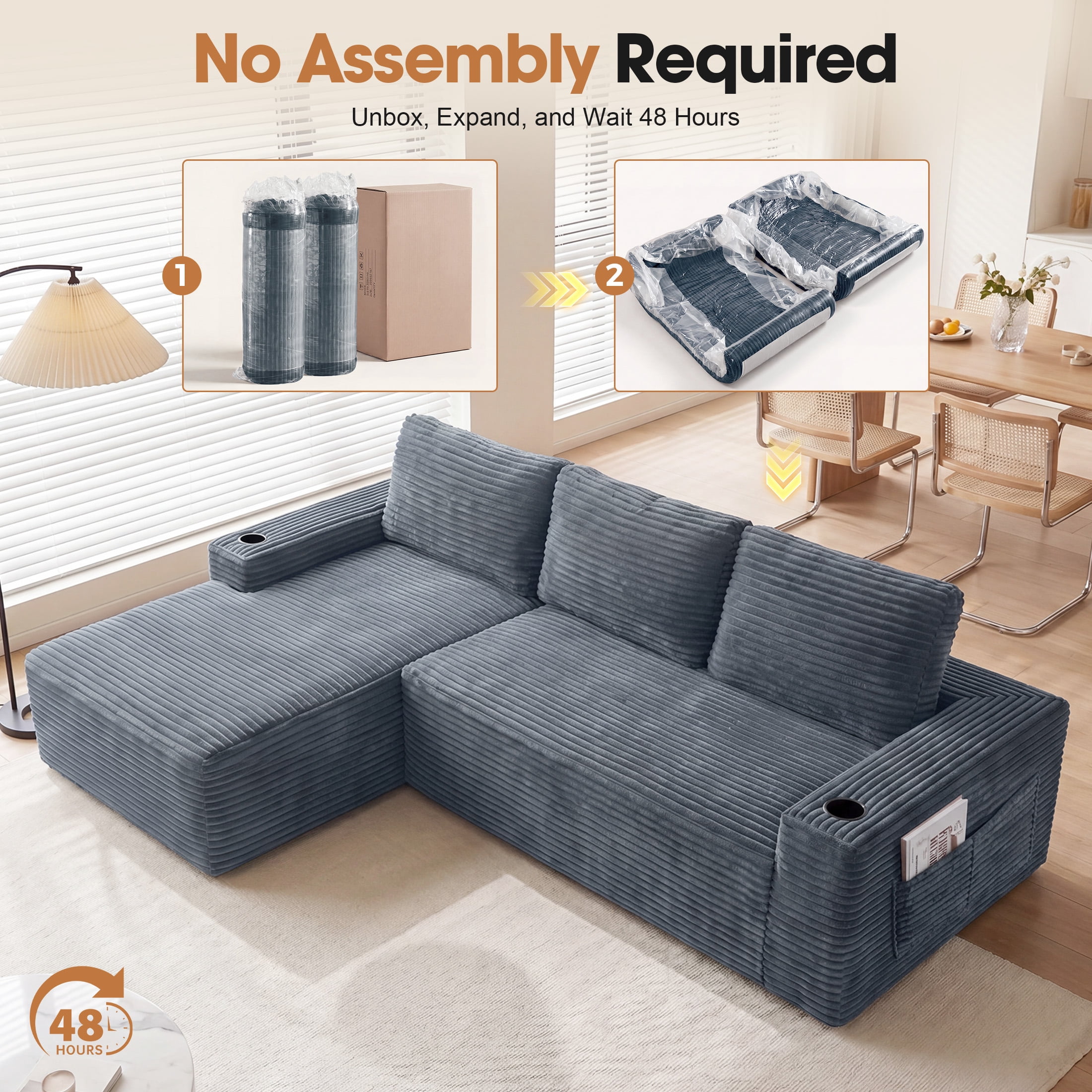 Aenkyo 104 Inch Corduroy L-Shaped Cloud Sectional Sofa with Left Facing Chaise and Cup Holders, Gray