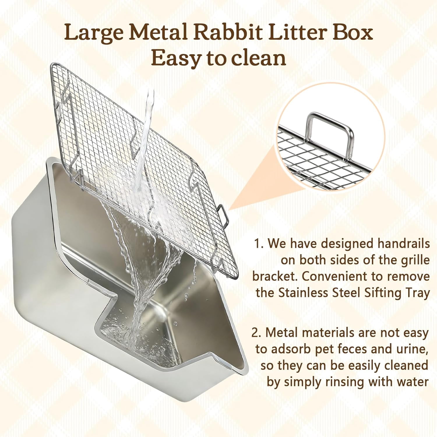 Large Rabbit Litter Box, Bunny Litter Box High Side with 304 Stainless Steel Sifting Tray, Metal Small Animal Litter Pan with Pet Food Bowl and Water Bottle, Non-Slip Easy to Clean Odor Control