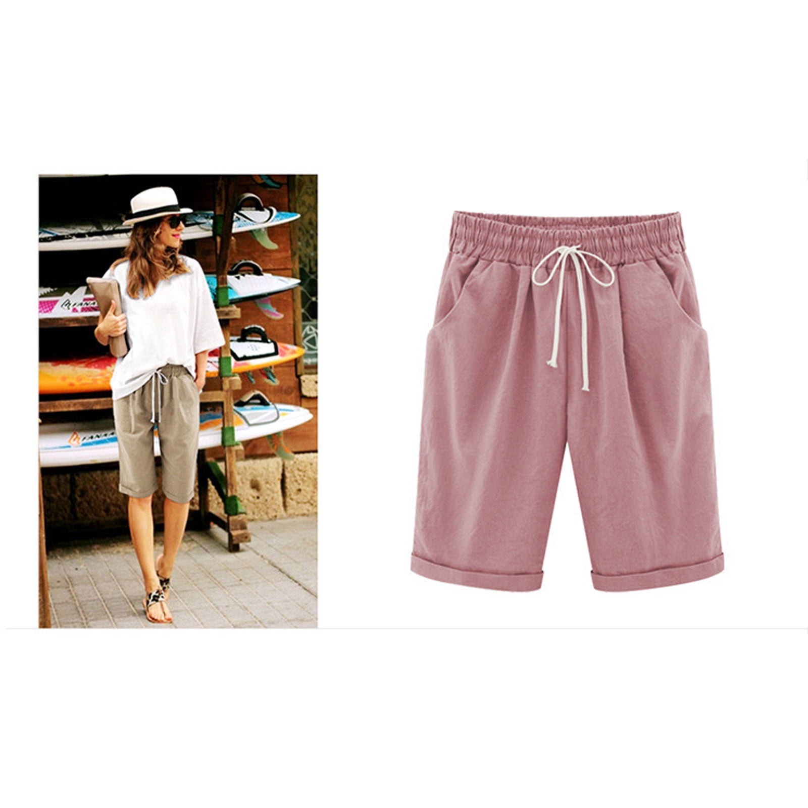 Bermuda En Lin Femme Taille Haute - Longueur Genou, Poches - Pantalon Court Décontracté Grande Taille