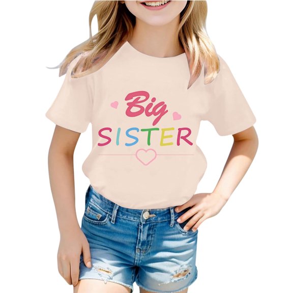 Toddler Shirts Girls Size 8-9 Years T Shirt Girls Fashion Casual Letter Round Neck Short Sleeved Top #Beige