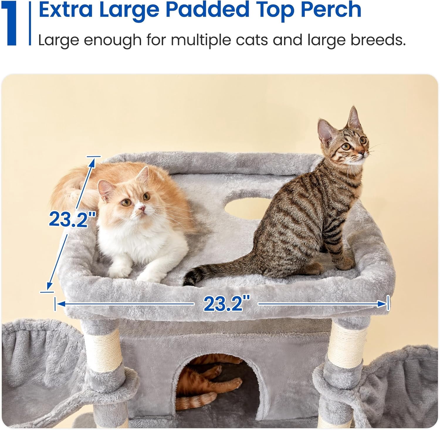 WSWJY Extra Large Cat Tree, 77.6-Inch Tall Cat Tower for Indoor Cats with 2 Condos, Multi-Level Cat Stand for Large Cats, 3 Hammocks, Wide Perch, Scratching Posts, Dangling Toys, Light Grey