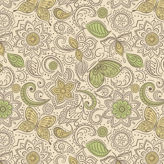 Lewis and Irene Floral Flow Mello Yellow Flowers Butterflies 100% Cotton Fabric sold by the yard