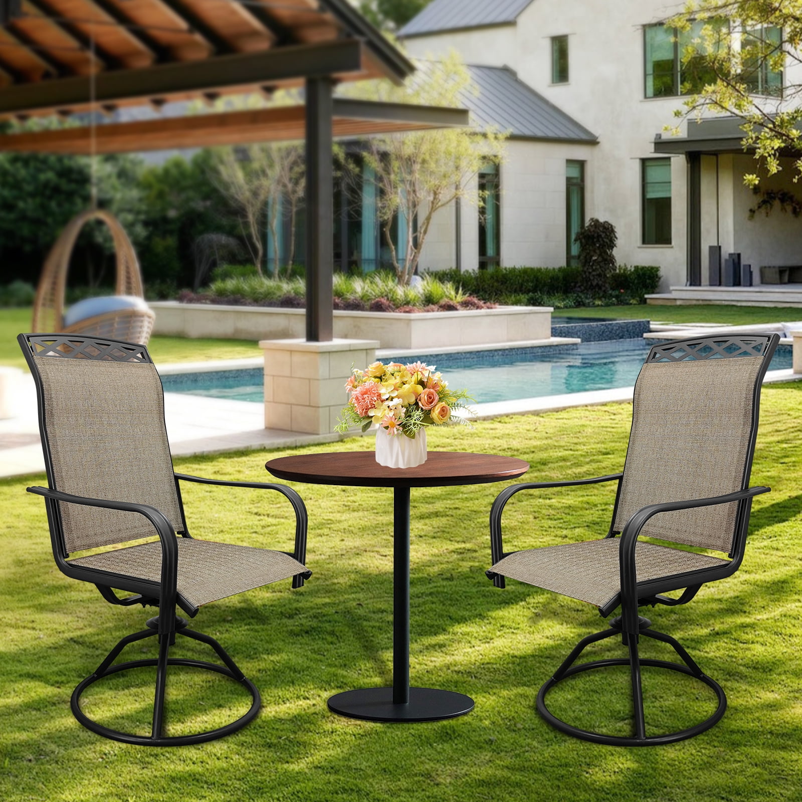 Patio Swivel Chairs Set of 2, Waterproof Outdoor Dining Chairs with All-Weather Textilene Mesh, High Back Rocker Chairs for Deck, Garden, and Backyard (Beige)