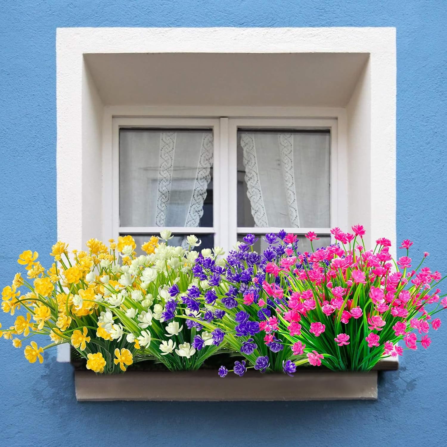 Corn Flower Artificial Flowers for Outdoor UV Resistant Fake Plants, Faux Plastic Flower Artificial Plants for Home Window Box Porch Indoor Cemetery Spring Summer Decor(White)