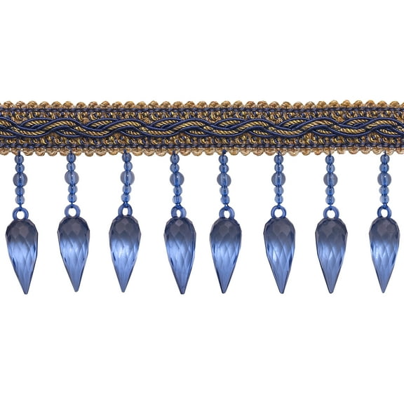 3" Baroque Coll. Decorative Beaded Fringe Trim with Fancy Gimp Braid Header, Large Teardrop Design # B78B, Navy Beige Blue #5817 (Navy Blue, Royal Blue, Golden Beige) Sold By The Yard (36"/3 ft/0.9m)