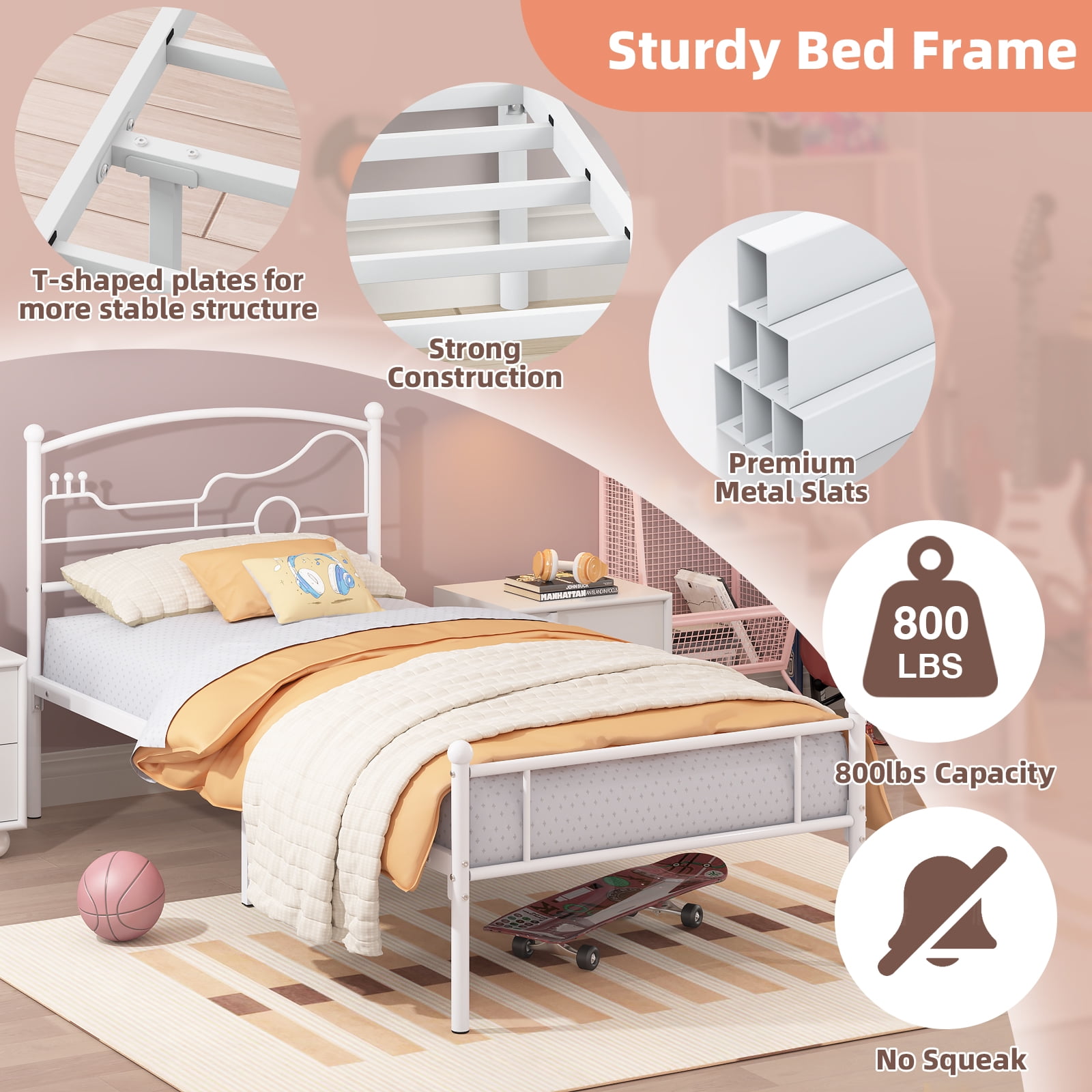 Yoneston Twin Size Platform Bed with Guitar Headboard Heavy Duty Metal Bed Frame for Boys Kids Teens Bedroom Furniture, White