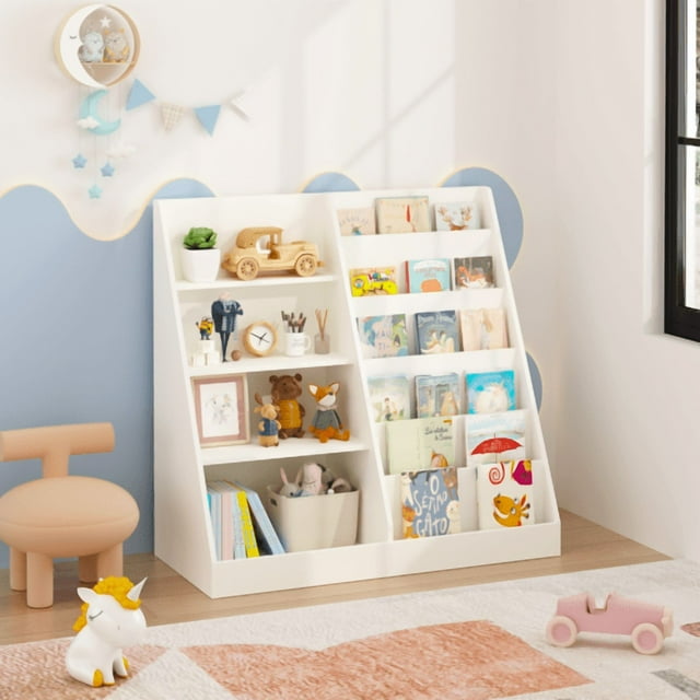 estante de libros para niños y estante de almacenamiento de juguetes, estantería de madera blanca de cuatro capas con dos estantes abiertos y caja de almacenamiento, vista frontal en cuarto infantil con libros en display y juguetes; también adecuada para ordenar material didáctico pequeño.
