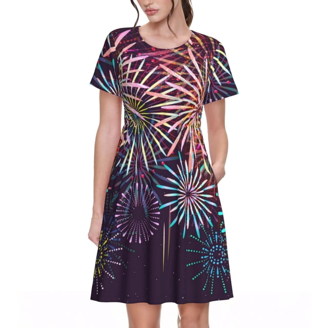 Balery Fireworks2 Vestidos sueltos de manga corta para mujer, vestidos de verano 2025, vestidos casuales de corte A con vuelo.